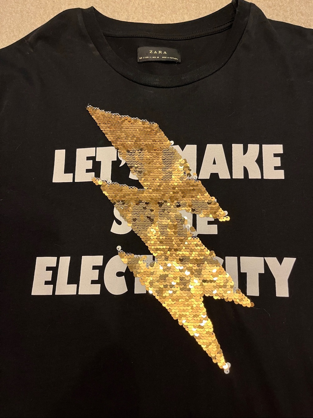 Zara Black Short Sleeve Tee with Gold Sequin Lightning Graphic